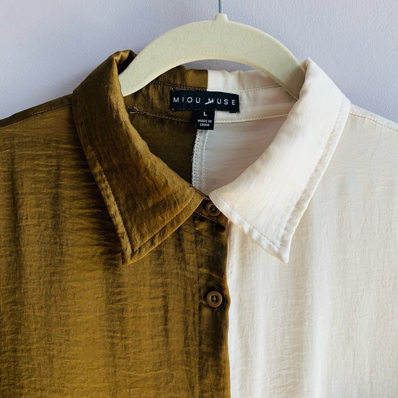 Miou Muse Shirt Blouse Cream Olive Colorblock Long Sleeve Button Front Large - Picture 2 of 6